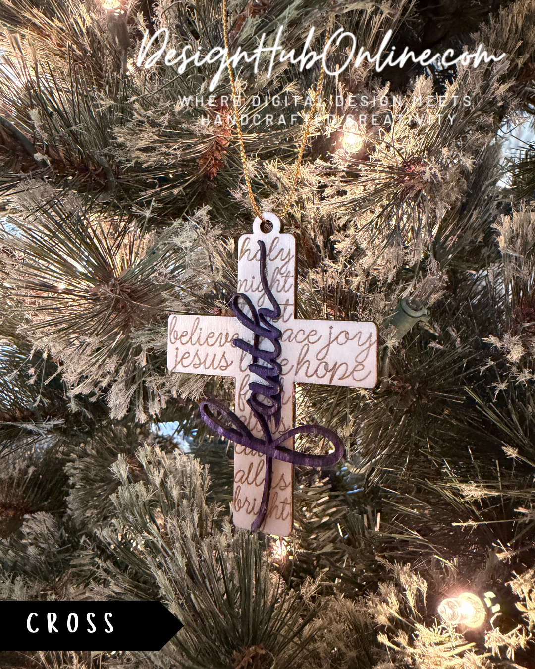 a Christmas tree decorated with a cross ornament and other ornaments.