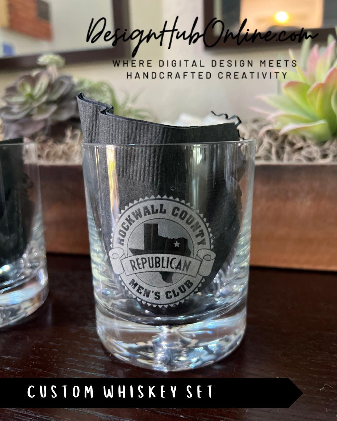 A glass set with a custom whiskey label, featuring a design that says "Rockwall County Republican Men's Club".
