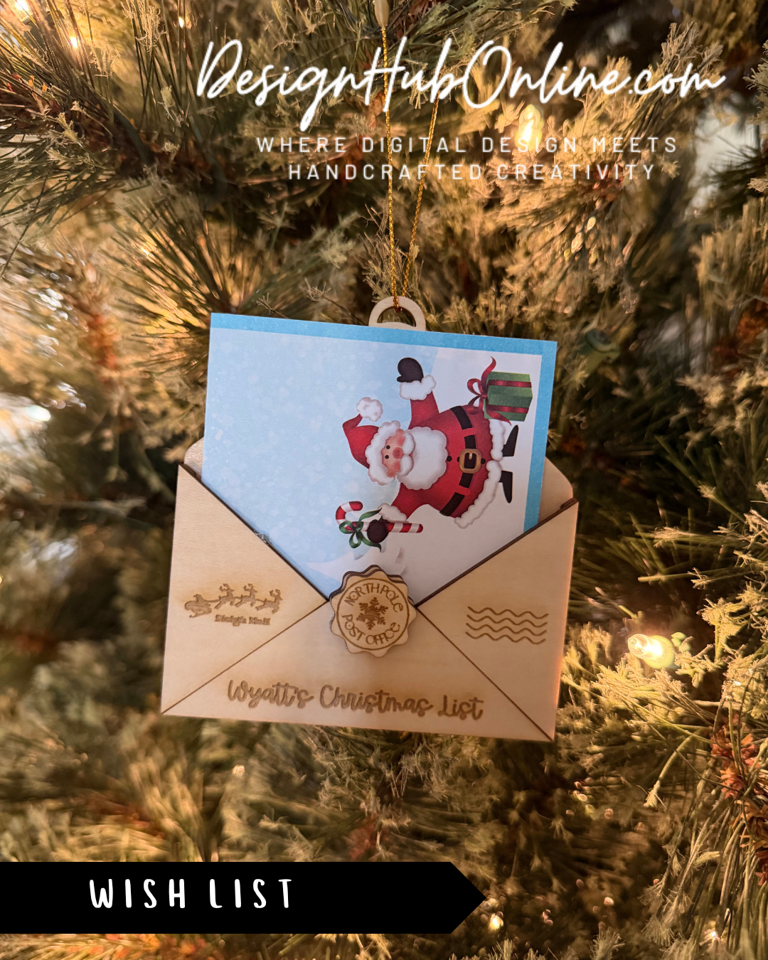 A wooden ornament shaped like an envelope with a Santa Claus illustration inside, hanging on a Christmas tree.