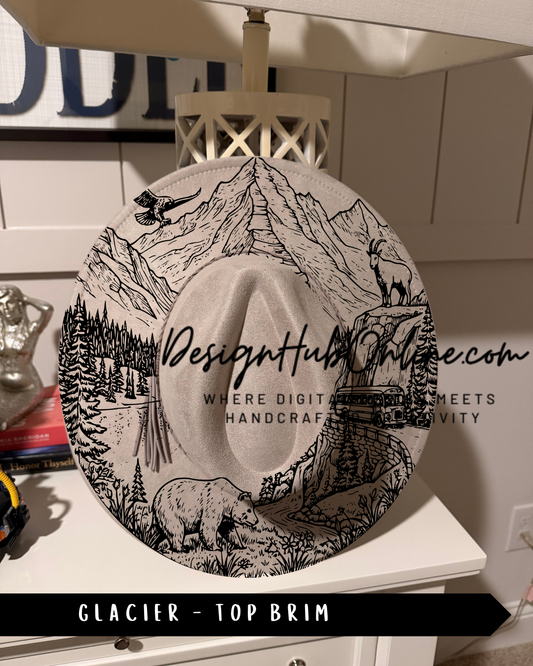 A hat with a mountain landscape design, featuring a bear, a bird, and a winding path.