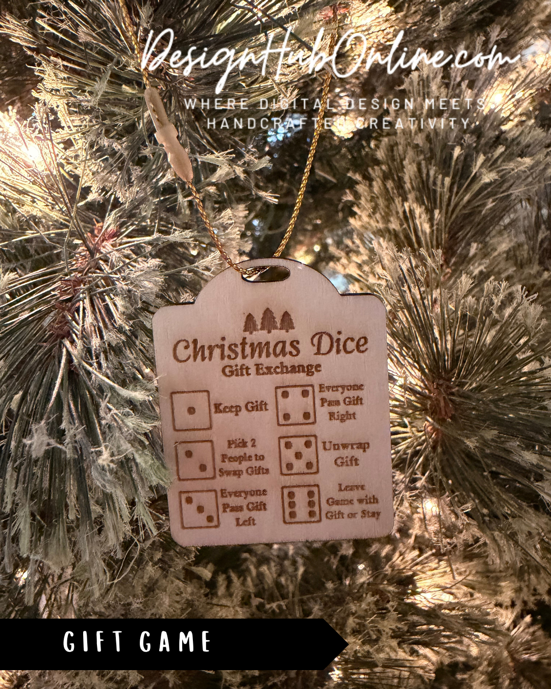 A wooden Christmas ornament hanging from a tree, displaying instructions for a gift exchange game.