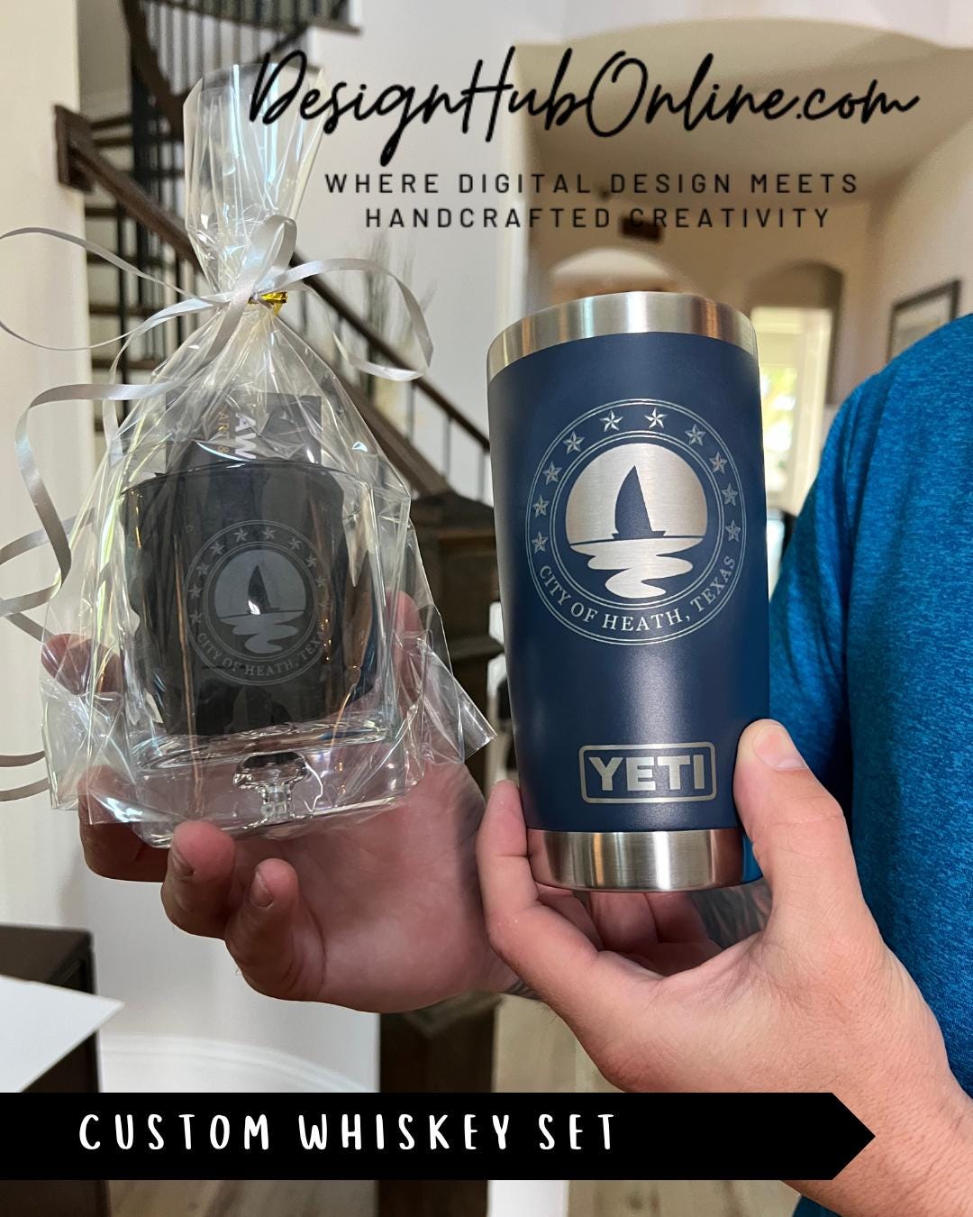 A person is holding a clear glass mug with a design on it, and a stainless steel tumbler with a similar design. The person is also holding a clear plastic bag with a design on it. The image is promoting a custom whiskey set, with the text "DesignHUBOnline.com" and "WHERE DIGITAL DESIGN MEETS HANDCRAFTED CREATIVITY" visible.
