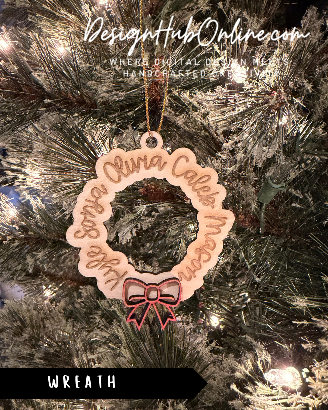 A wooden wreath ornament with a red bow, hanging on a Christmas tree.