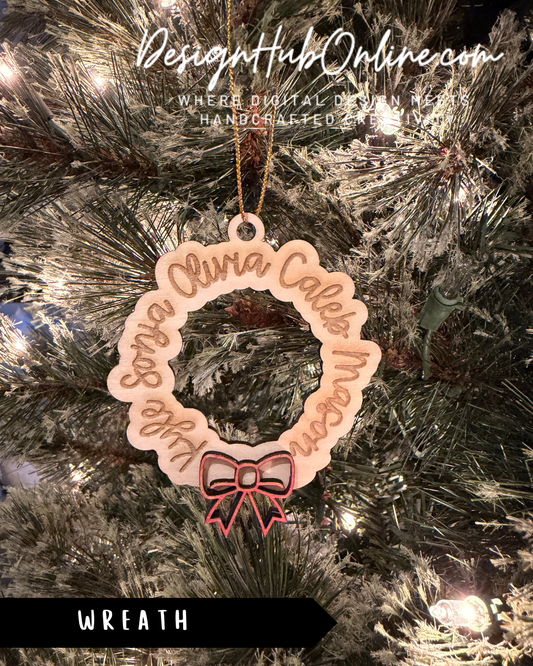 A wooden wreath ornament with a red bow, hanging on a Christmas tree.