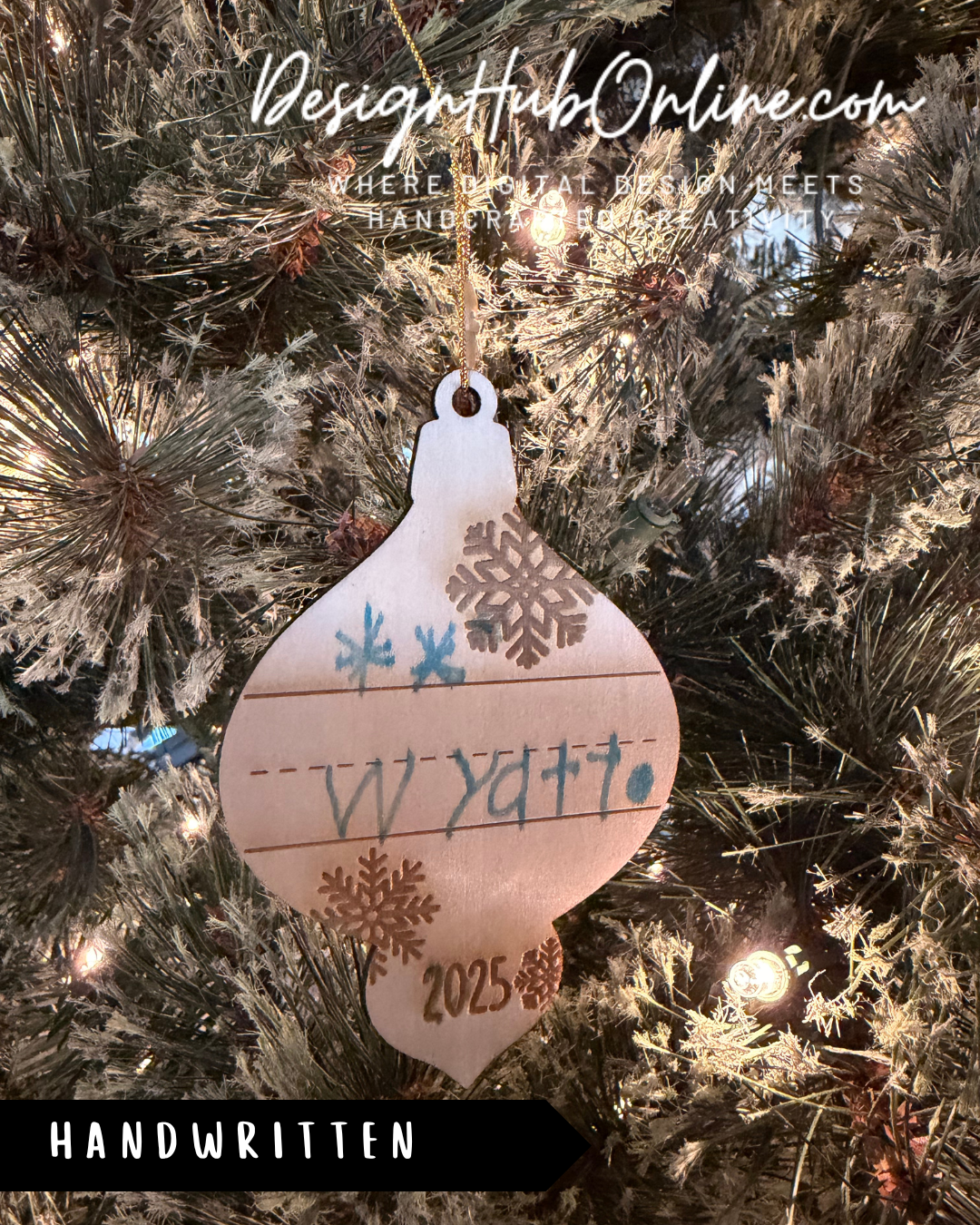 A handcrafted ornament with a snowflake design hangs on a Christmas tree, featuring handwritten text that reads "Wyatt 2015".