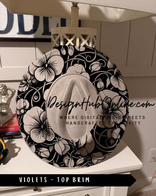 a decorative hat with a floral pattern, placed on a white dresser.