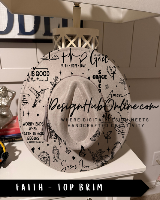 a hat with various religious and inspirational phrases and symbols printed on it, including words like "Faith", "Love", "Grace", and "Worry ends when God begins".