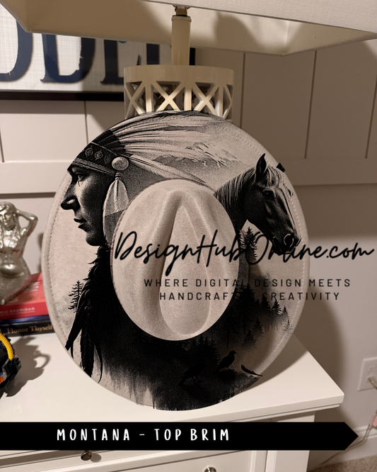 A hat with a Native American profile and a horse on it, displayed on a white surface.