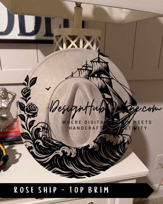 A hat with a ship design and a rose on the side, displayed on a shelf.