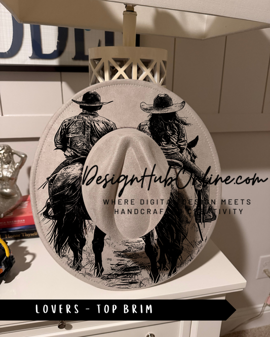 A hat with a graphic design featuring two people riding horses, with text that reads "Design Hub Online" and "Where digital design meets handicraft".