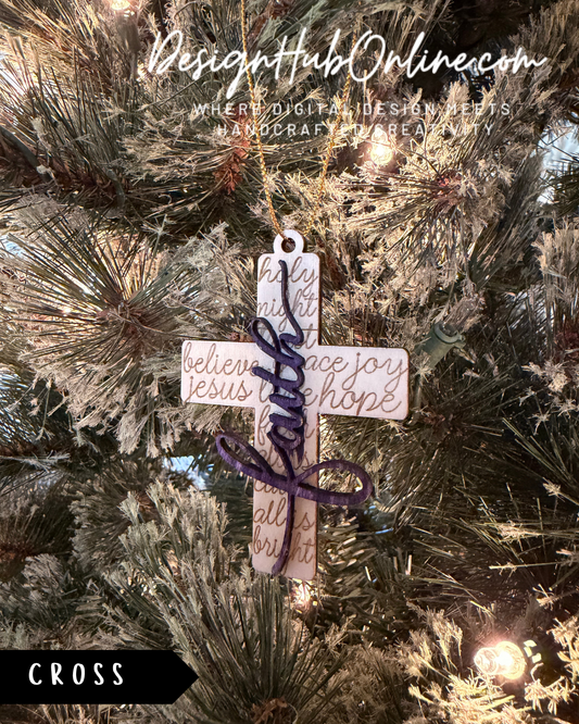 a Christmas tree decorated with a cross ornament and other ornaments.