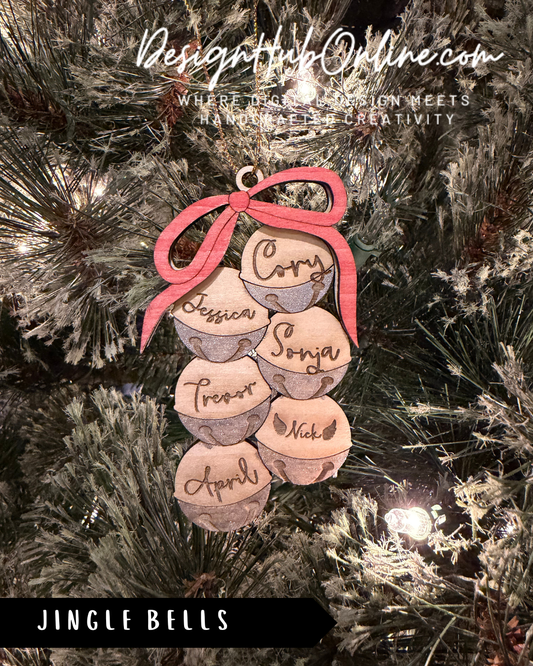 A Christmas tree ornament with a jingle bell design, featuring the names of the people who have been named on the bells.