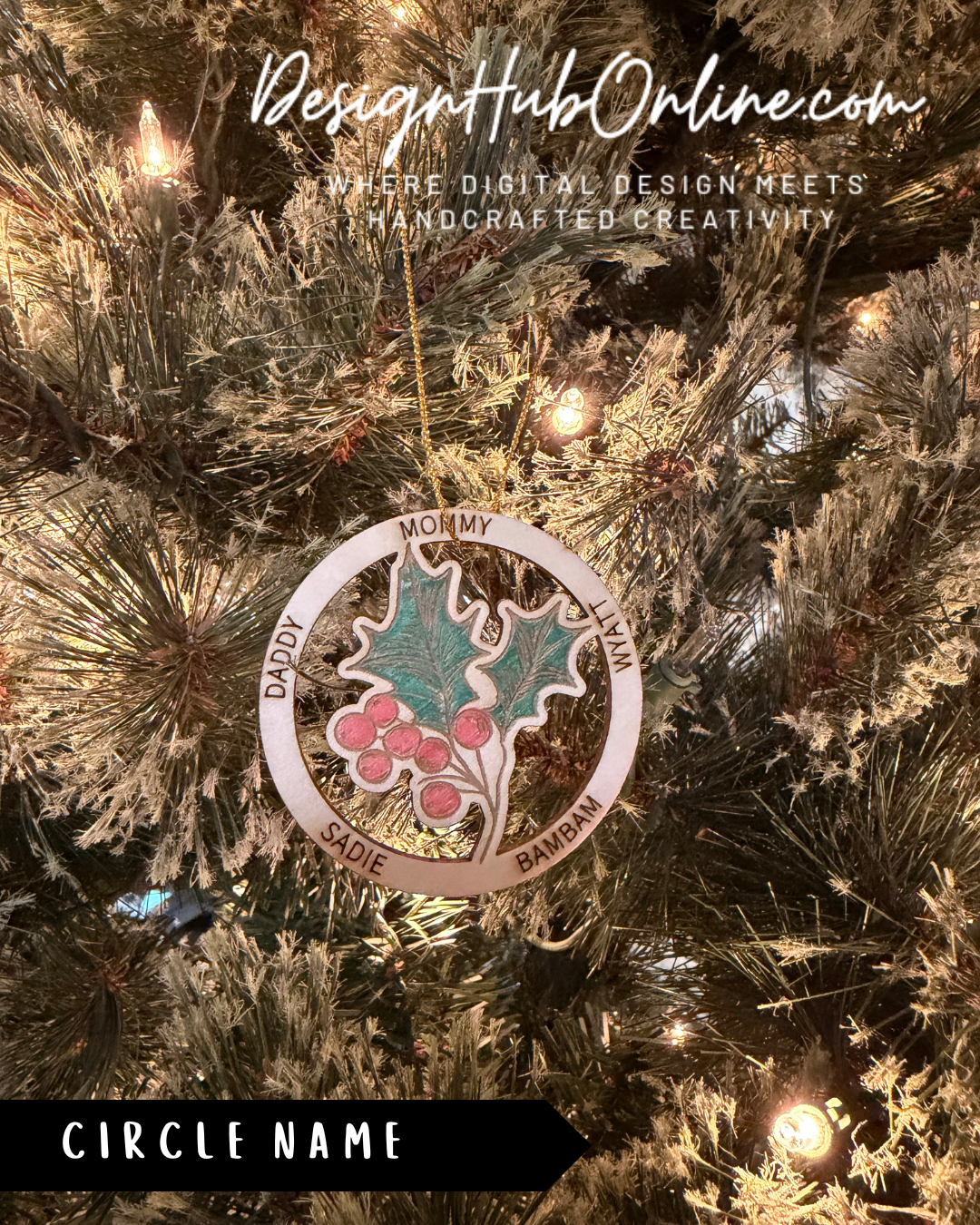 A Christmas tree decorated with a circular ornament featuring a holly leaf and berries, surrounded by twinkling lights.