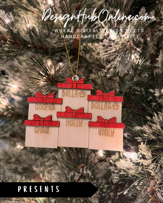A wooden ornament with red bows, each labeled with a name, hanging on a Christmas tree.
